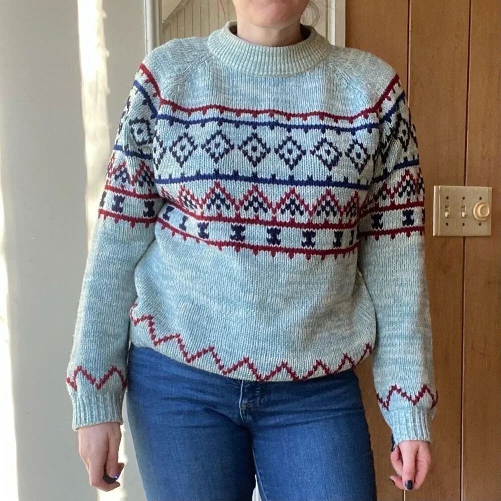 VTG 70s 80s National Alpine Fair Isle Ski Sweater Blue Red White Unisex L